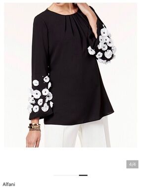 Alfani  Women’s Black Tunic with White Floral Appliqué Bell Sleeves Size: XXL